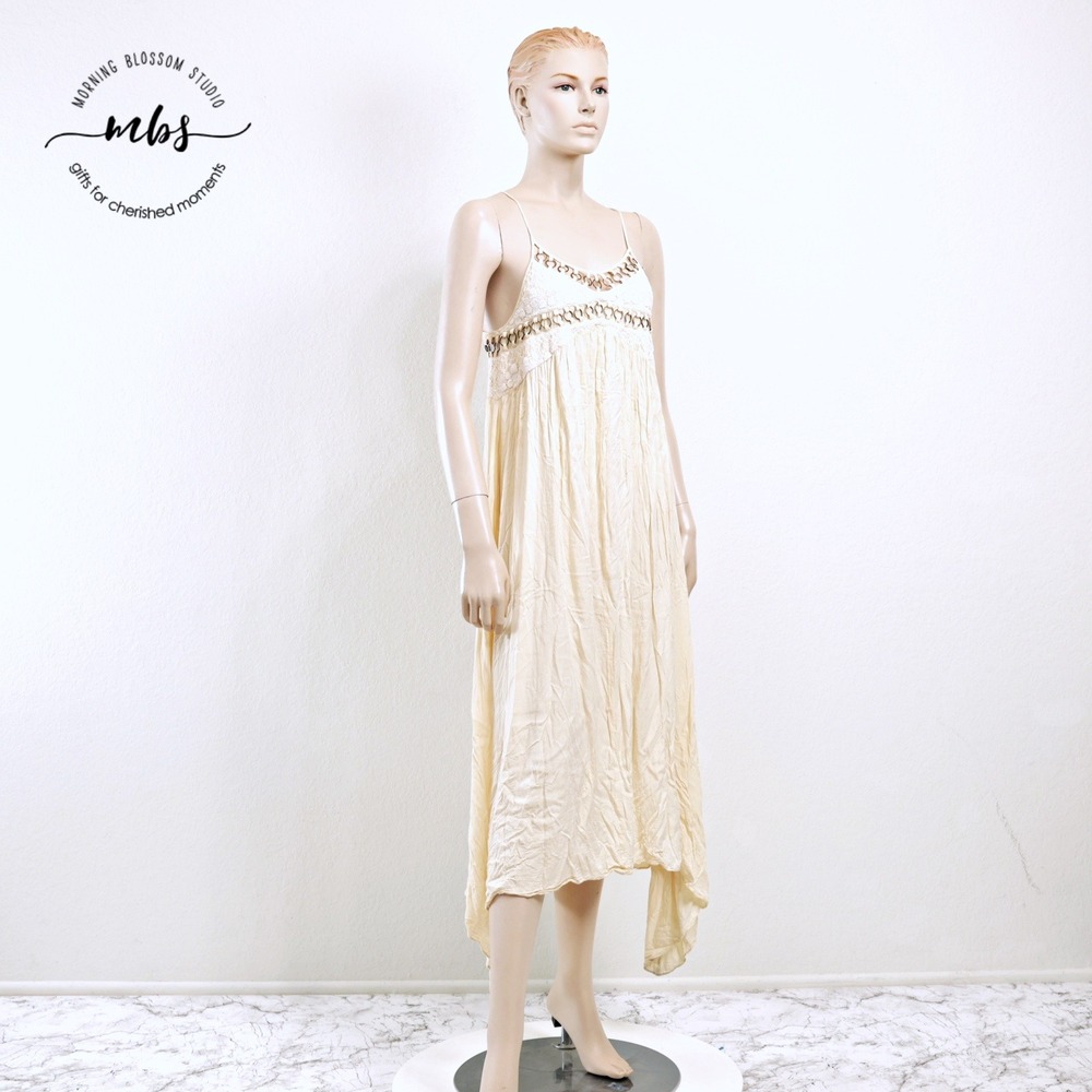 Blessed Are The Meek Sleeveless High Low Bohemian Lace Maxi Dress Beige Women 0
